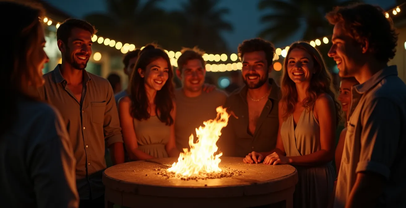 Scène nocturne avec un groupe d'invités autour d'un brasero allumé favorisant les échanges et la convivialité