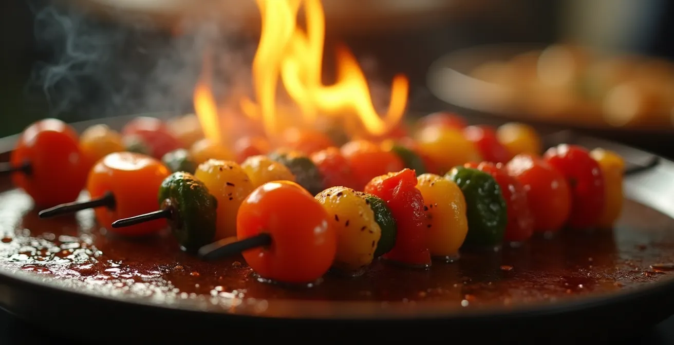 Plan rapproché d'une plaque de brasero avec brochettes de légumes cuisant au feu de bois