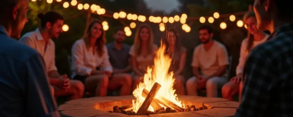 Photo réaliste d'un brasero en extérieur lors d'un événement convivial, avec des invités autour, feu actif, ambiance chaleureuse et lumières douces, sans texte ni logos