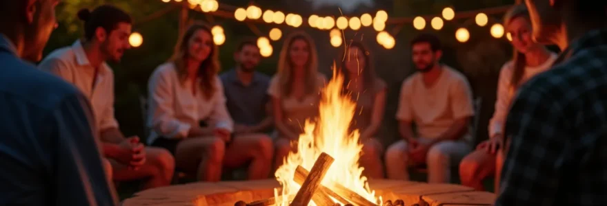 Photo réaliste d'un brasero en extérieur lors d'un événement convivial, avec des invités autour, feu actif, ambiance chaleureuse et lumières douces, sans texte ni logos