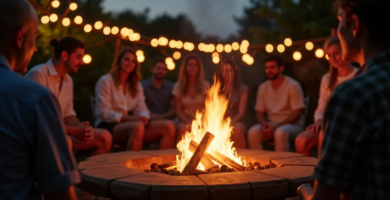Photo réaliste d'un brasero en extérieur lors d'un événement convivial, avec des invités autour, feu actif, ambiance chaleureuse et lumières douces, sans texte ni logos