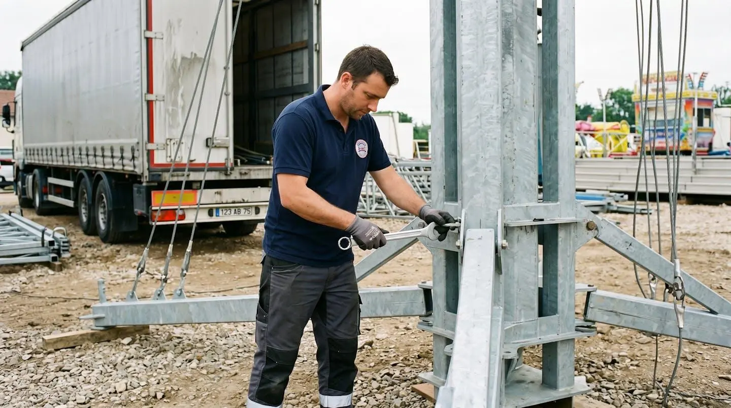 Technicien en tenue de travail inspectant la structure métallique d'un manège chaises volantes en cours d'installation, camion de transport en arrière-plan, terrain événementiel